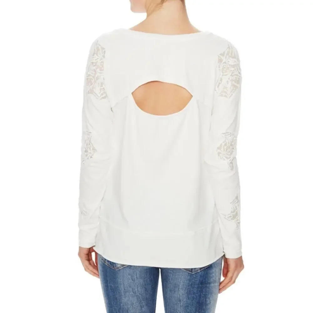 Free People Outer Sunset Ivory White Lace Insert Long Sleeve Boho Knit Top XS - Picture 9 of 16